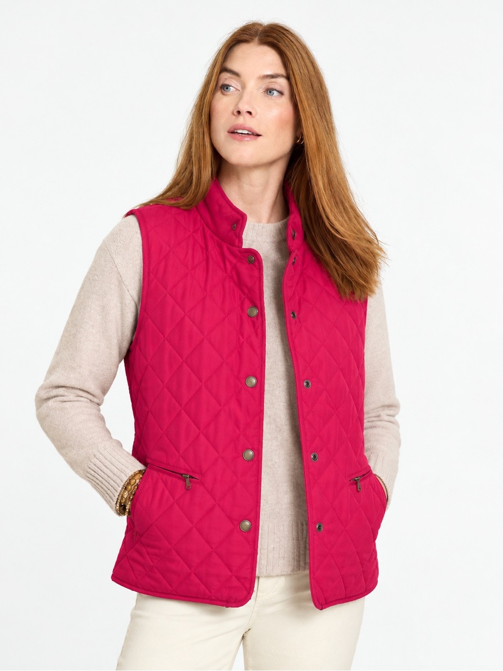 Talbots Petites Hot Pink Diamond Quilted Vest Ribbed Stretch Side Panels MP
